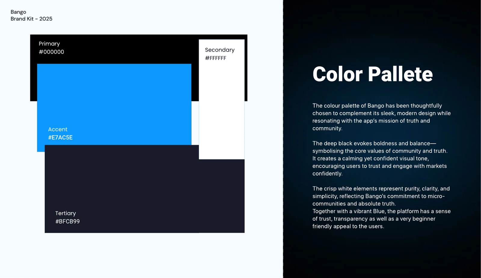 Brand kit colour page: black primary, white secondary, electric blue accent and a deep navy tertiary.