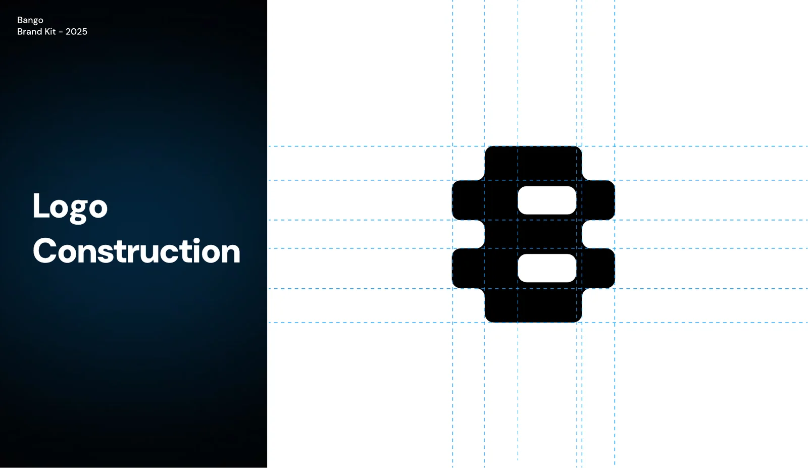 Bango brand kit page showing the logo construction: the 8-shaped mark built on a grid of rounded rectangles.