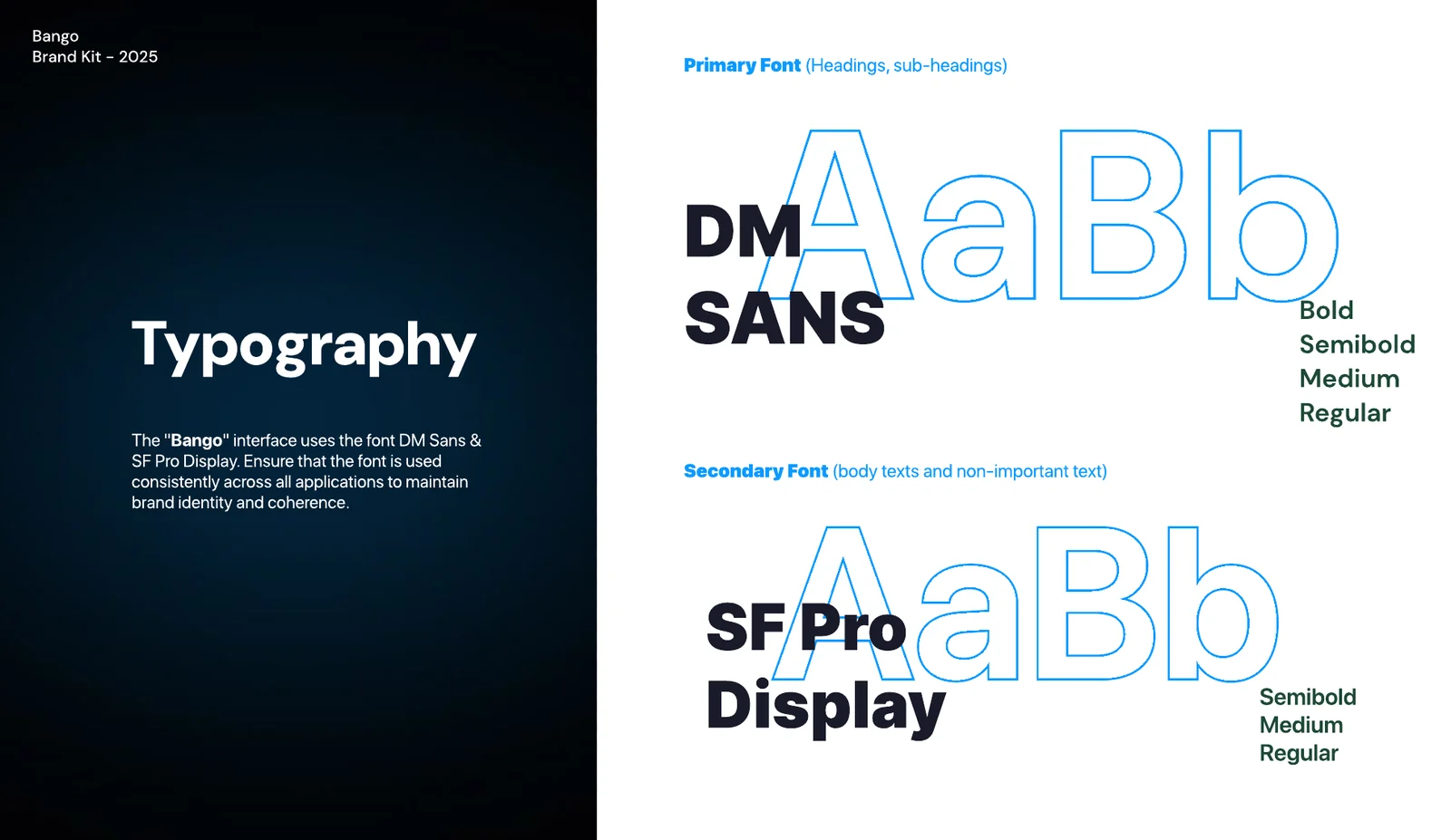 Brand kit typography page: DM Sans for headings and SF Pro Display for body text.