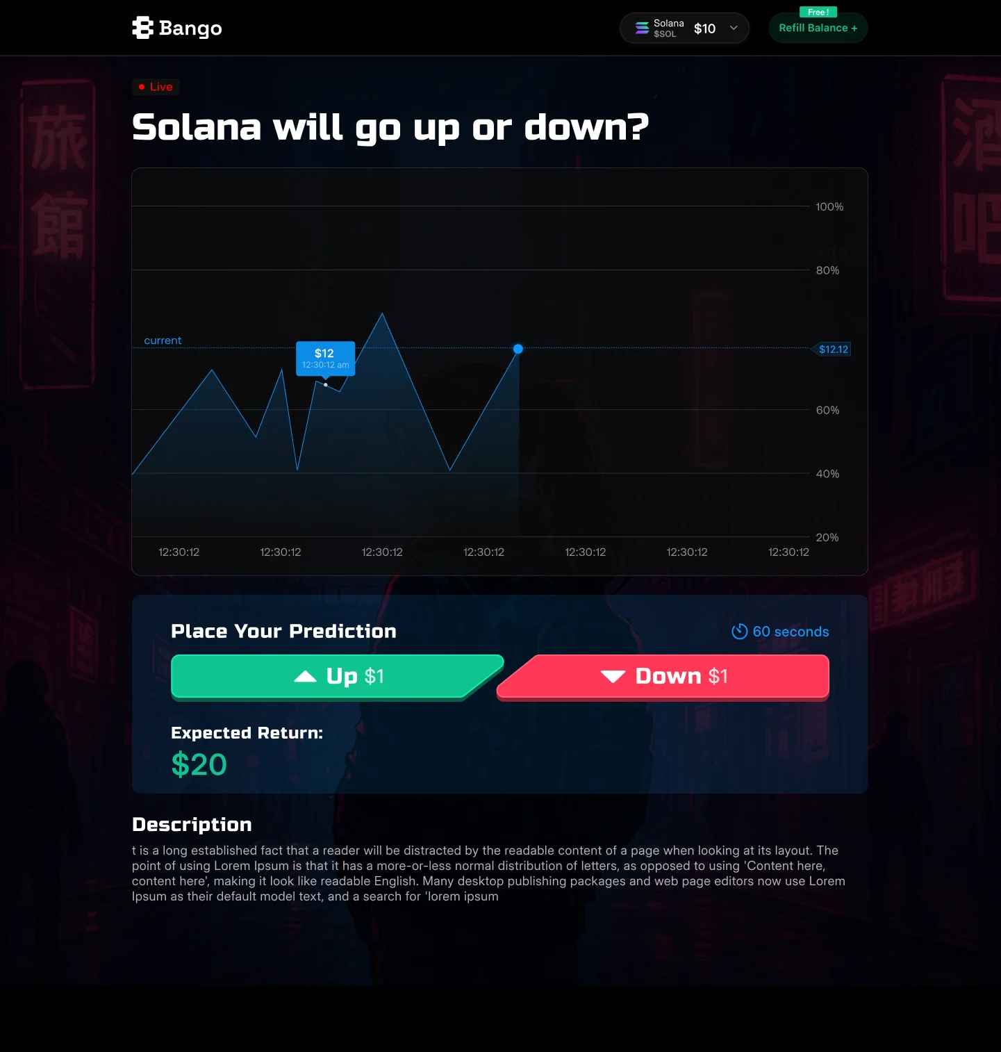 60-second market page: Solana up or down, price chart, Up and Down buttons and expected return.