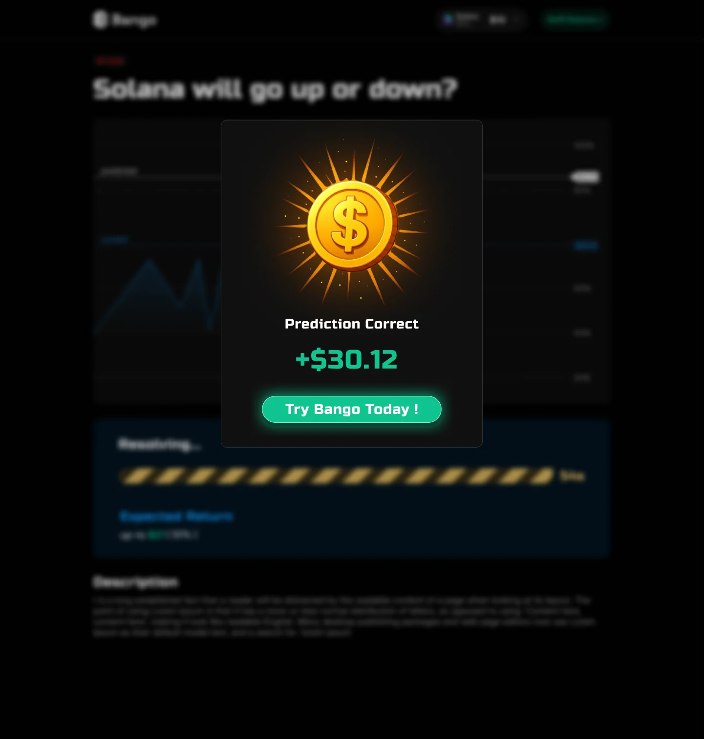Win popup: a gold coin, Prediction Correct, plus 30.12 dollars and a Try Bango Today button.
