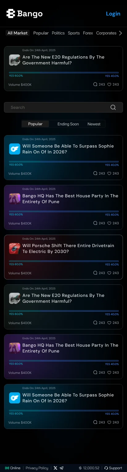 Bango mobile home: featured market, search, popular and ending soon tabs, and market cards each tinted with a different colour glow.