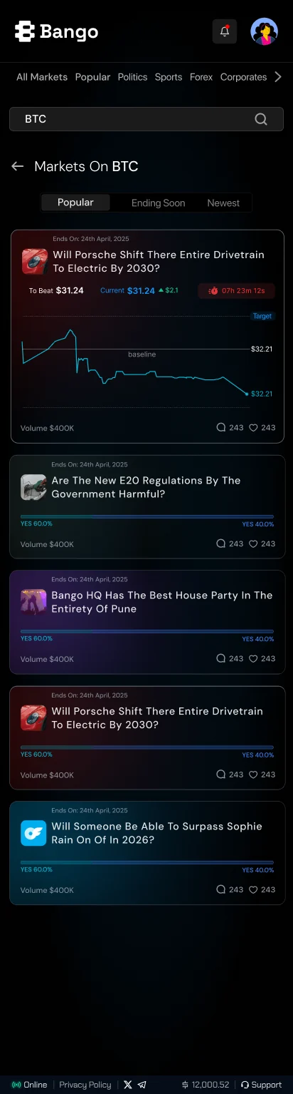 Bango mobile search results for BTC with a live market card expanded to show To Beat, Current price, countdown and a price chart.