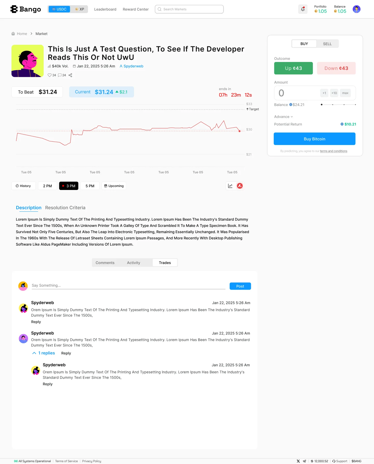 Bango market page with a question title, To Beat and Current price chips, a countdown, a price chart with a target line, time-slot tabs, and a Buy and Sell panel with Up and Down prices.
