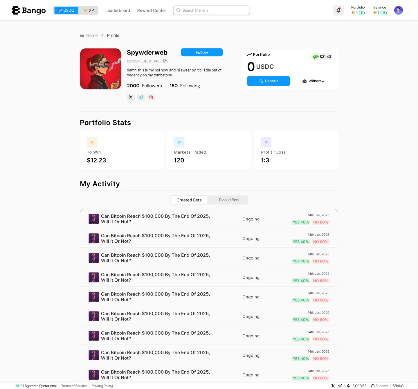 Bango profile page with avatar, followers, portfolio stats and a list of the user's positions.