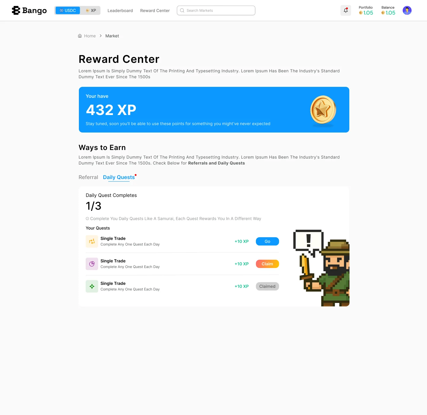 Bango Reward Center showing an XP balance card, referral and daily quest tabs, and a list of quests with XP rewards.