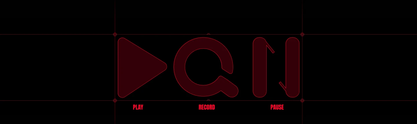 The DQN wordmark constructed from play, record and pause glyphs on a red construction grid, labelled Play, Record and Pause.