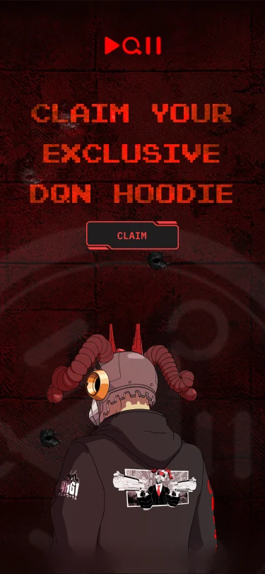 Claim your exclusive DQN hoodie screen with a Claim button and a hooded character.