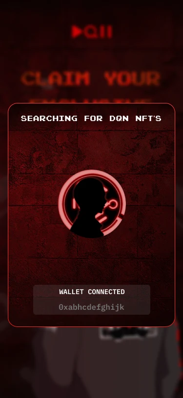 Searching for DQN NFTs screen with a scanning animation and the connected wallet address.