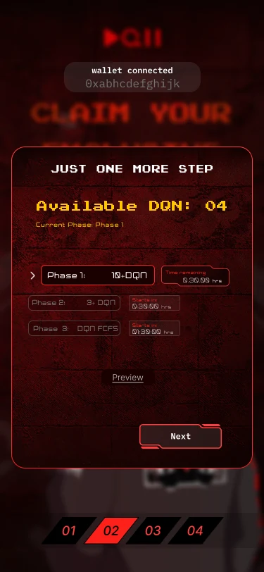 Just one more step screen showing 4 available DQN and three phases: Phase 1 for 10+ DQN active with a timer, Phase 2 for 3+ DQN and Phase 3 first come first served, with start times.