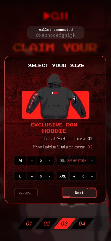 Select your size screen with the hoodie, total and available selections, size steppers for M, L and XXL, and XL marked out of stock.