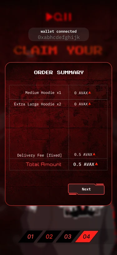 Order summary screen listing a medium and two extra large hoodies at 0 AVAX, a fixed delivery fee of 0.5 AVAX and a total of 0.5 AVAX.