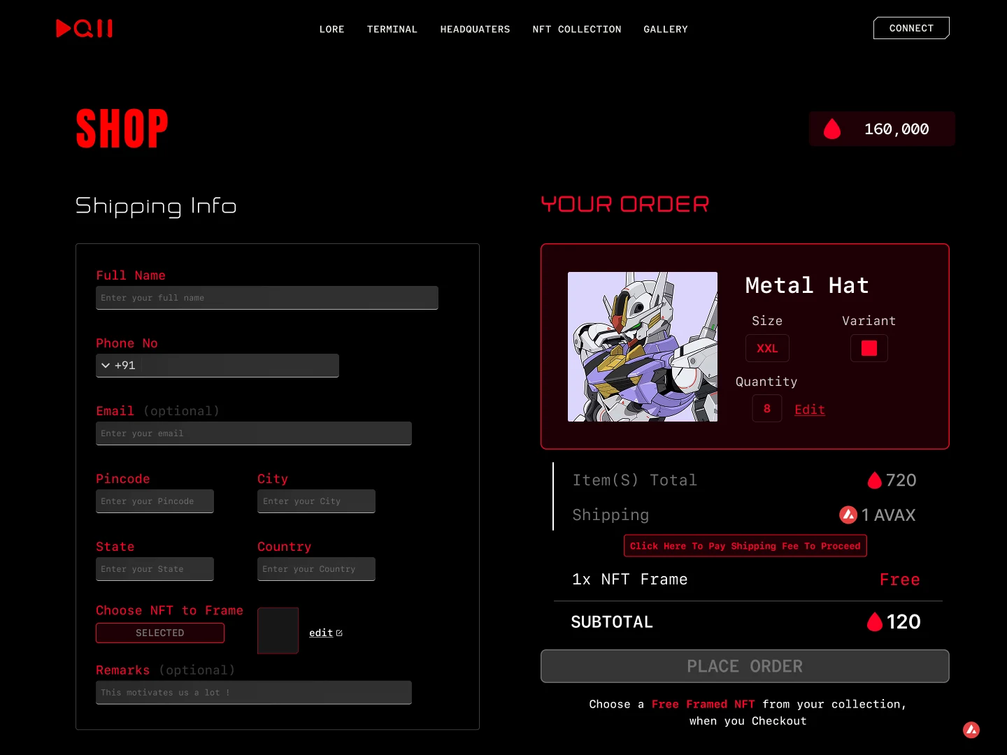 DQN shop checkout: a shipping info form on the left and a Your Order panel on the right showing a Metal Hat with size and variant, an item total in BLOOD, shipping in AVAX, a free framed NFT, a subtotal and a Place Order button.